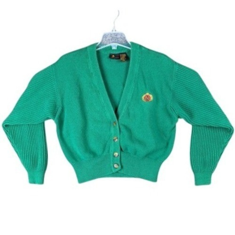 Vintage Lizsport Womens Medium Green Cotton Crest Cardigan Sweater V-Neck 90s